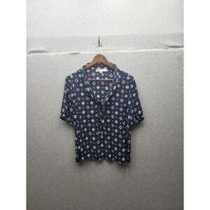 Loft Womens Navy Floral Blouse L Short Sleeve 100% Rayon